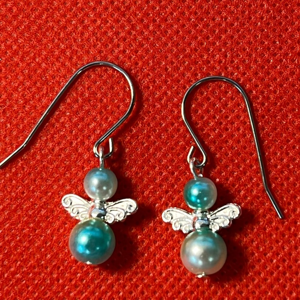 Angel (#4) White and Turquoise Silver Tone French Hook Pierced Earrings 0234